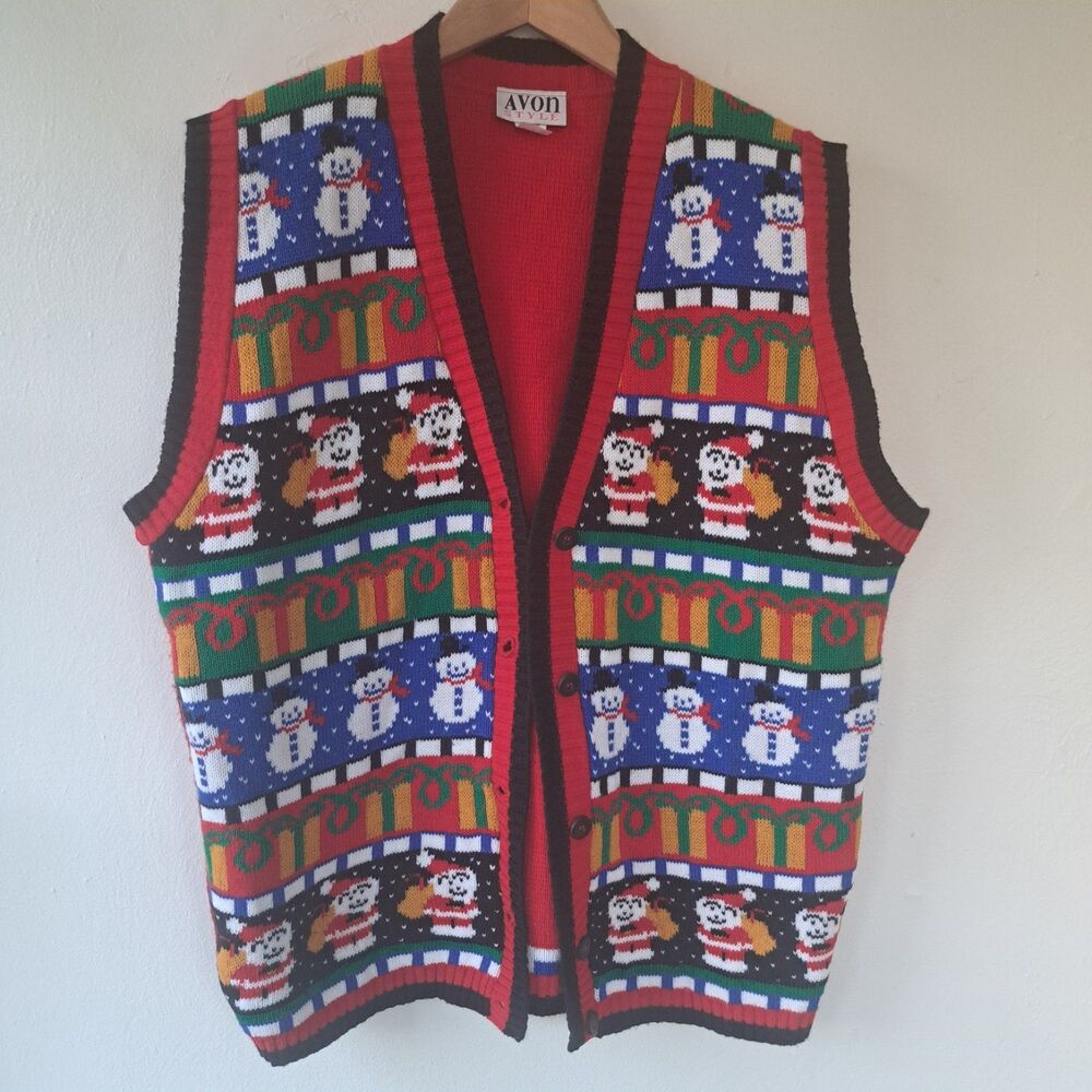 Vintage 1980s Avon Knit Christmas Holiday Red Sweater Vest Medium Large Santa